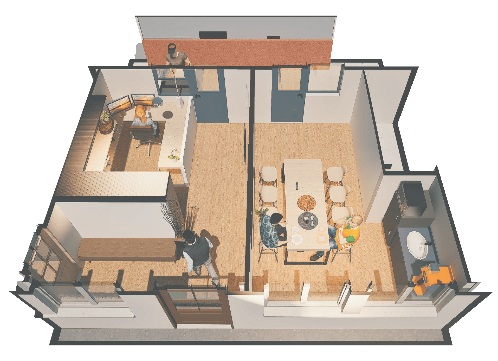 Bureaux / accueil-planning — vue d’ensemble du réaménagement (plan et principes)