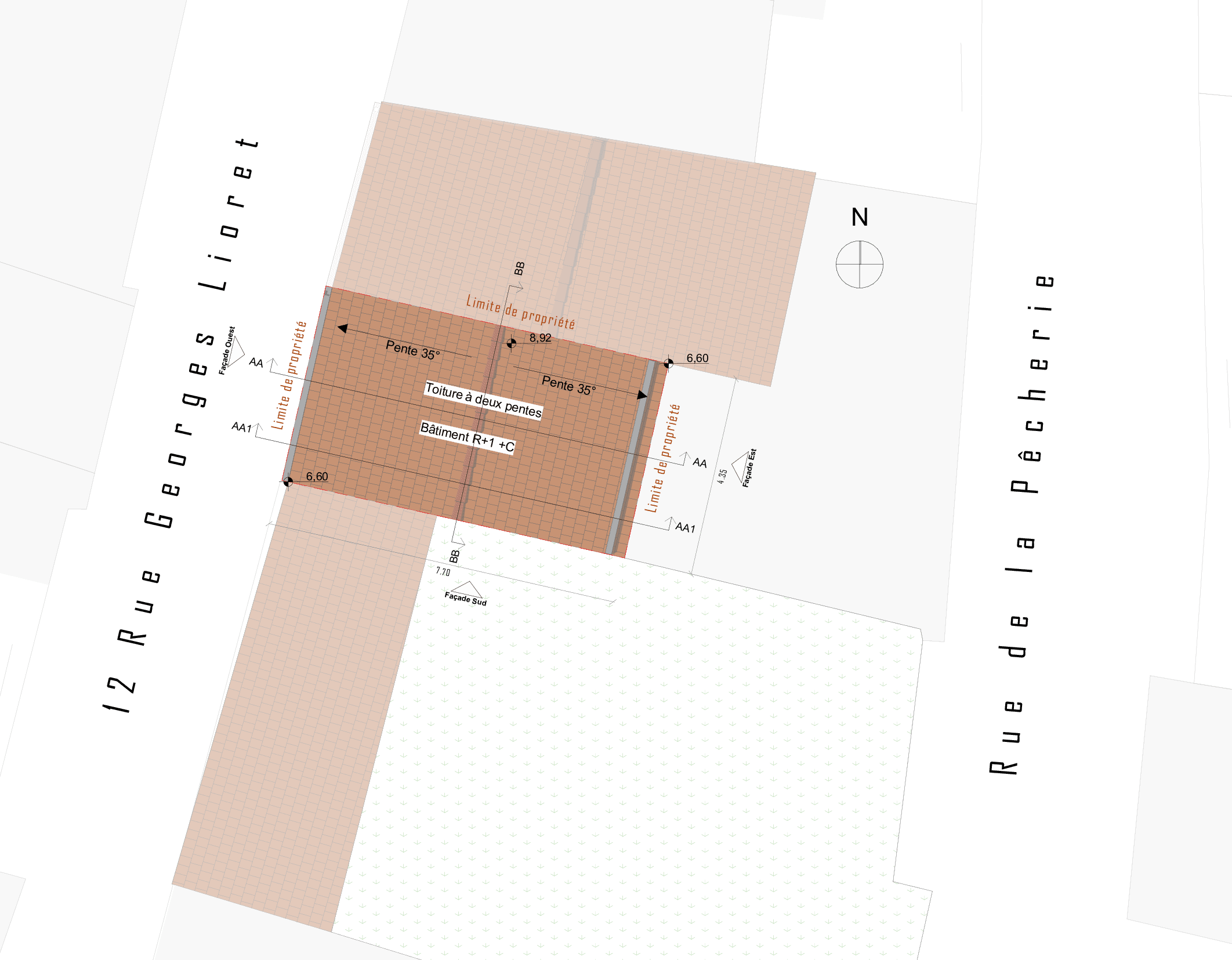 Coupe / toiture — niveaux, pentes et raccords (document de synthèse)
